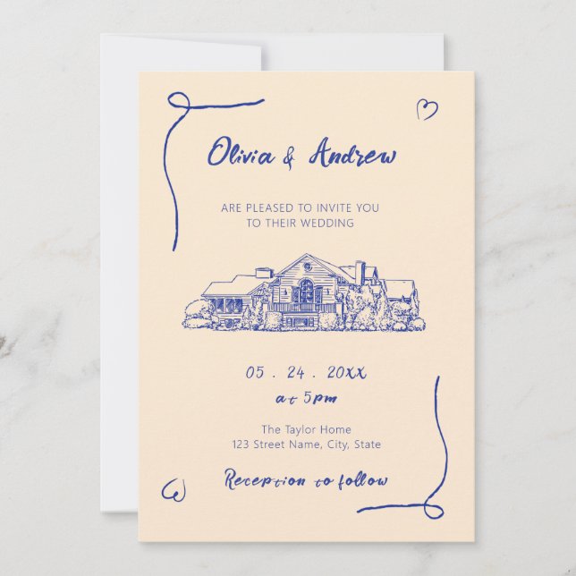 Blue Hand Drawn Sketch Venue Wedding Invitation (Front)