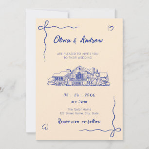 Blue Hand Drawn Sketch Venue Wedding Invitation