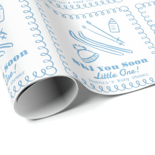 Blue Hand-Drawn Ski You Soon Boy Baby Shower Wrapping Paper
