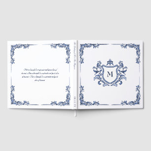 Blue Hand-Drawn Vintage Crest Monogrammed Wedding Guest Book