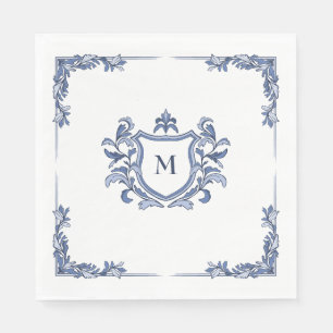 Blue Hand-Drawn Vintage Crest Monogrammed Wedding Napkin