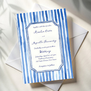 Blue hand drawn vintage stripes wedding invitation