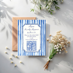 Blue hand drawn vintage stripes wedding RSVP card