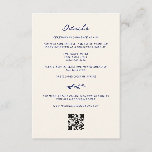 Blue Hand Drawn Wedding Details QR Code Enclosure Card (Front)