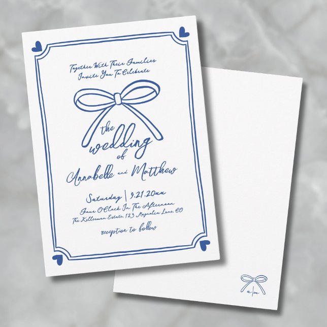 Blue Hand Drawn Whimsical Bow Wedding Invitation (Blue White Hand Drawn Whimsical Bow Wedding Invitation)