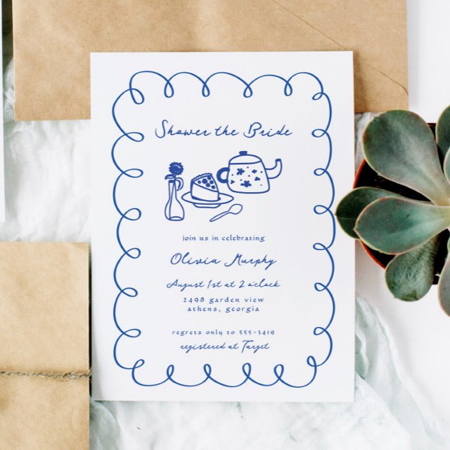 Blue Hand Drawn Whimsical Cake Tea Bridal Shower Invitation (Creator Uploaded)