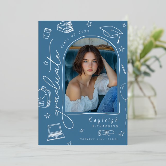 Blue Hand Drawn Whimsical Photo Graduation (Standing Front)