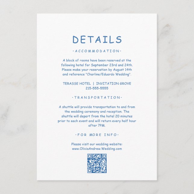 Blue Hand Drawn Whimsical Wedding Details Enclosure Card (Front)