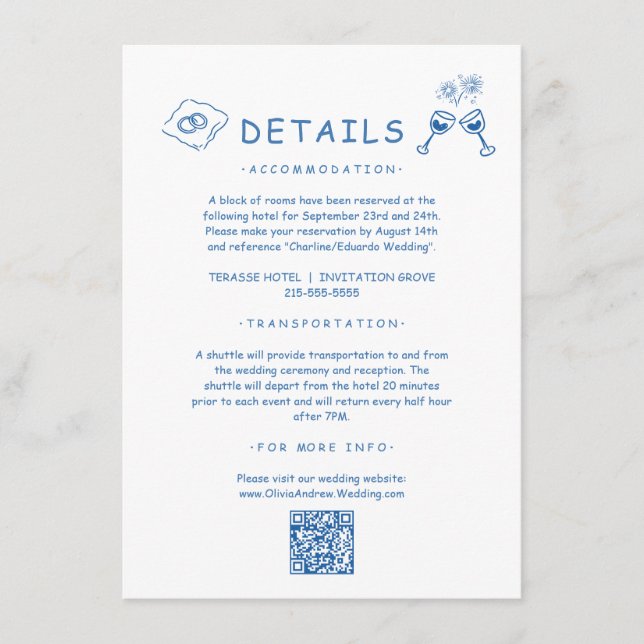 Blue Hand Drawn Whimsical Wedding Details Enclosure Card (Front)