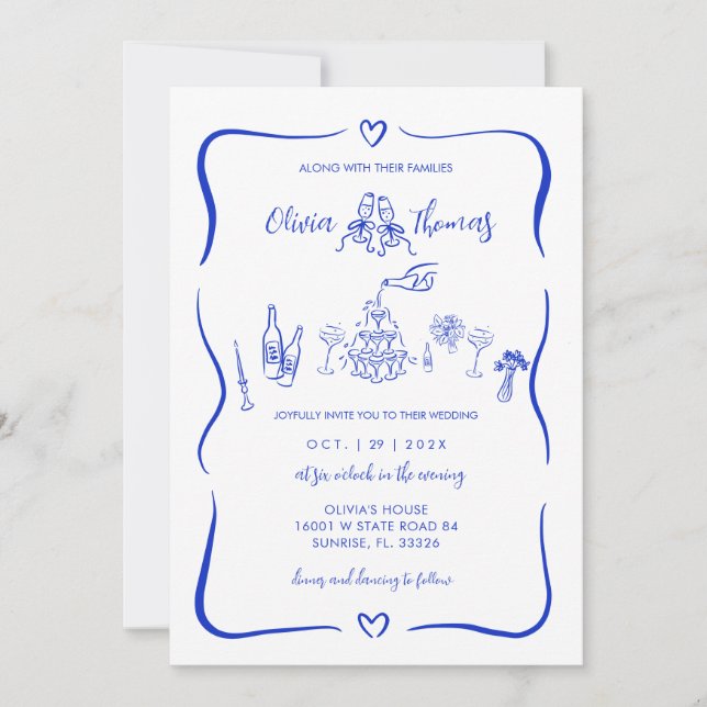 Blue Hand Drawn Whimsical Wedding Invitations (Front)