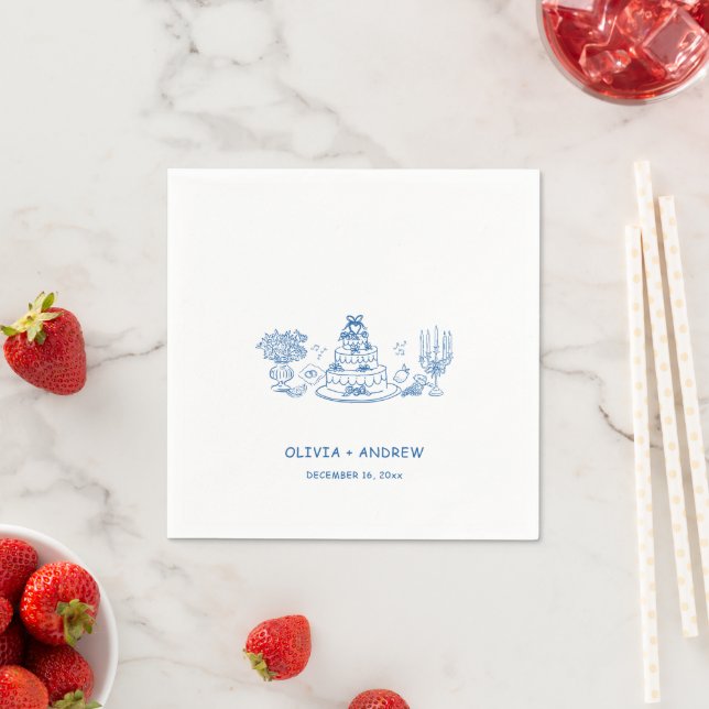 Blue Hand Drawn Whimsical Wedding Napkin (Insitu)