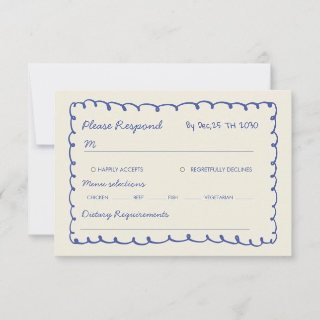 Blue hand drawn Whimsical Wedding  RSVP Card (Front)
