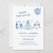 Blue Hand Drawn Whimsical Wedding Save The Date 