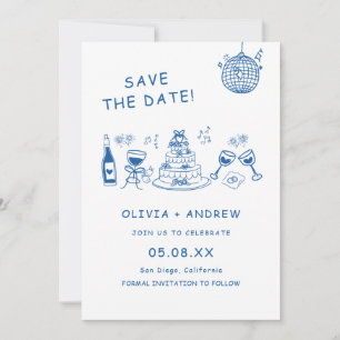 Blue Hand Drawn Whimsical Wedding Save The Date Invitation