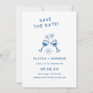 Blue Hand Drawn Whimsical Wedding Save The Date Invitation