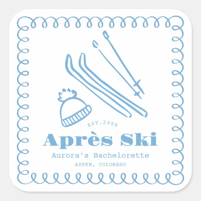 Blue Hand-Drawn Winter Après Ski Bachelorette Square Sticker (Front)