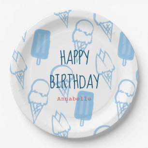 Blue Hand Painted Ice Cream Pattern Birthday Paper Plate