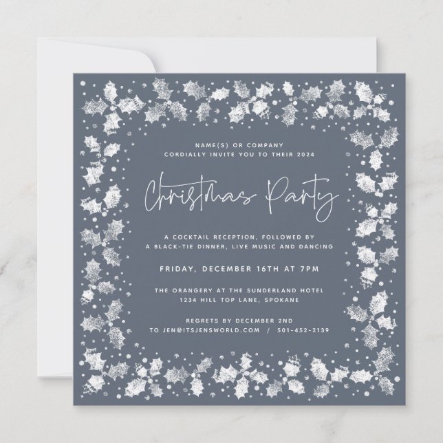 Blue Hand Printed Holly+Berries Christmas Party Invitation (Front)