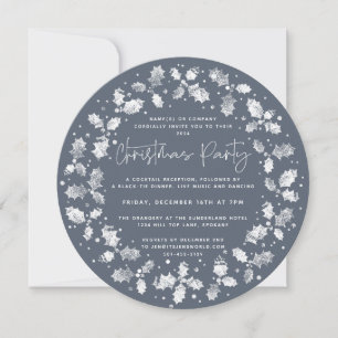 Blue Hand Printed Holly+Berries Christmas Party Invitation