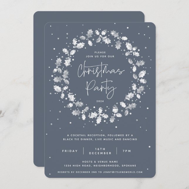 Blue Hand Printed Holly Wreath Christmas Party Invitation (Front/Back)