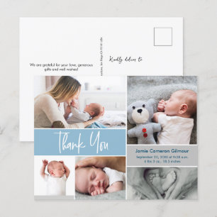 Blue Handlettering Photo Collage Baby Shower Postcard