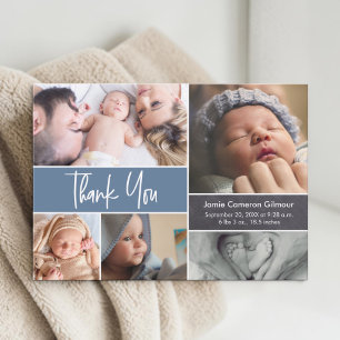 Blue Handlettering Photo Collage Baby Shower  Thank You Card