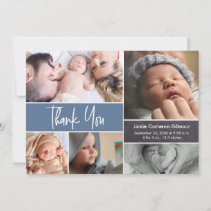 Blue Handlettering Photo Collage Baby Shower Thank You Card