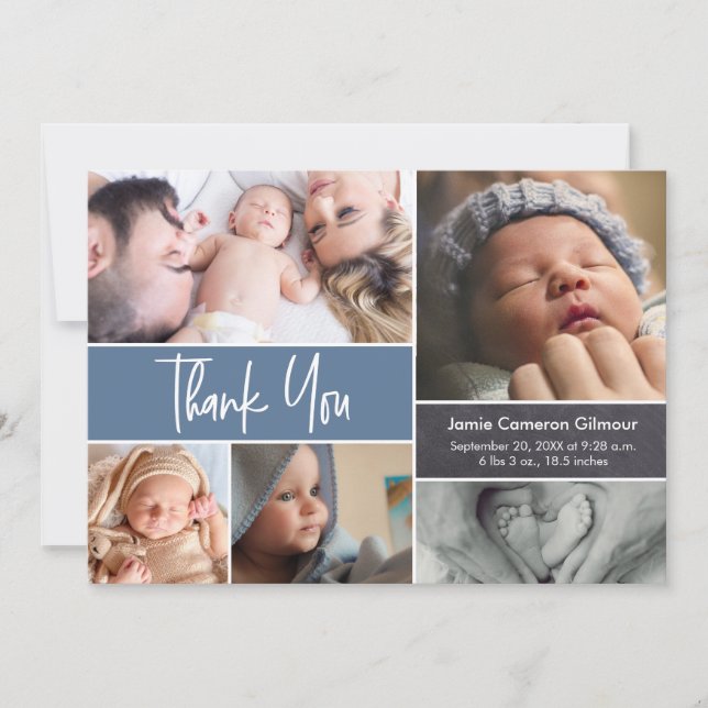 Blue Handlettering Photo Collage Baby Shower  Thank You Card (Front)