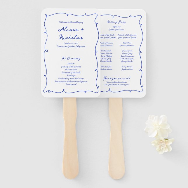 Blue Handwriting & Hand Drawn Wedding Program Hand Fan (Front and Back)