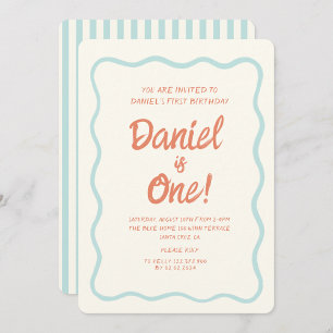 Blue Handwriting Wavy Pastel Baby First Birthday Invitation