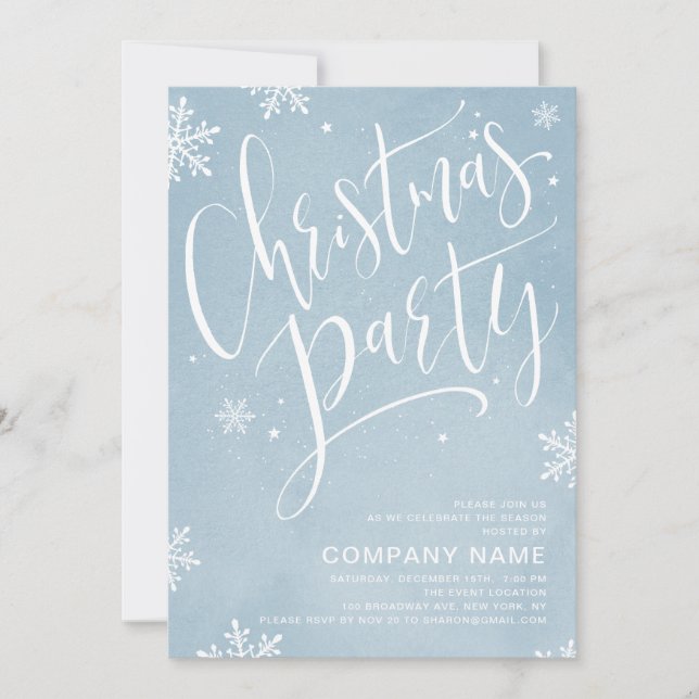 Blue handwritten calligraphy Christmas Party Invitation (Front)