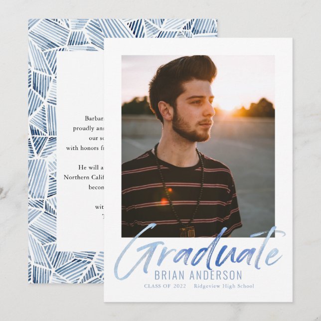 Blue Handwritten Photo Graduation Announcement (Front/Back)