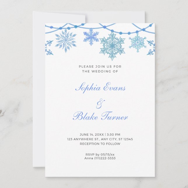 Blue Hanging Lights and Snowflakes White Wedding Invitation (Front)