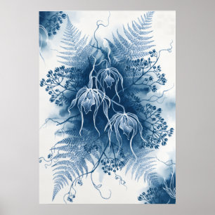 Blue Hanging Orchid Fern Cyanotype Botanical Art Poster