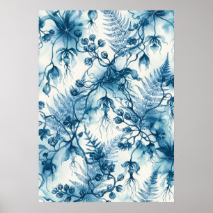Blue Hanging Orchids Fern Vines Cyanotype Poster