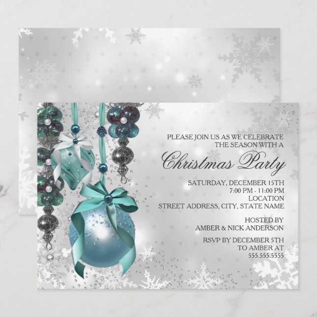 Blue Hanging Ornaments Christmas Party Invite (Front/Back)