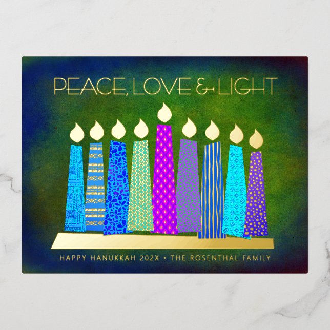 Blue Hanukkah Candles Peace Love Light Real Gold Foil Holiday Postcard (Front)