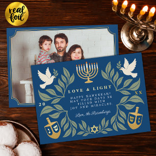 Blue Hanukkah Jewish Dove Photo Foil Holiday Card