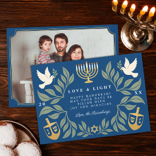 Blue Hanukkah Jewish Dove Photo Holiday Card