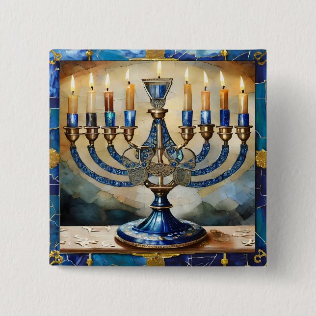 Blue Hanukkah Menorah 15 Cm Square Badge (Front)