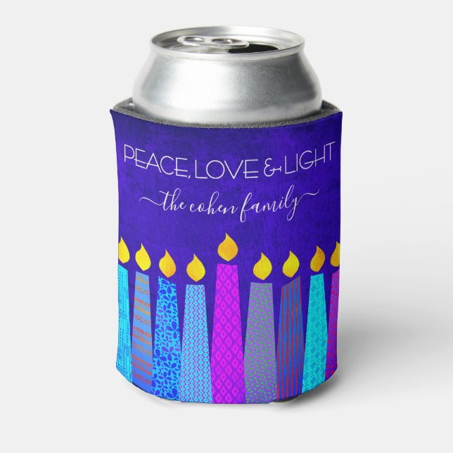 Blue Hanukkah Menorah Candle Peace Love Light Name Can Cooler (Can Back)