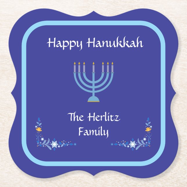 Blue HANUKKAH Menorah Customise NAME Paper Coaster (Front)