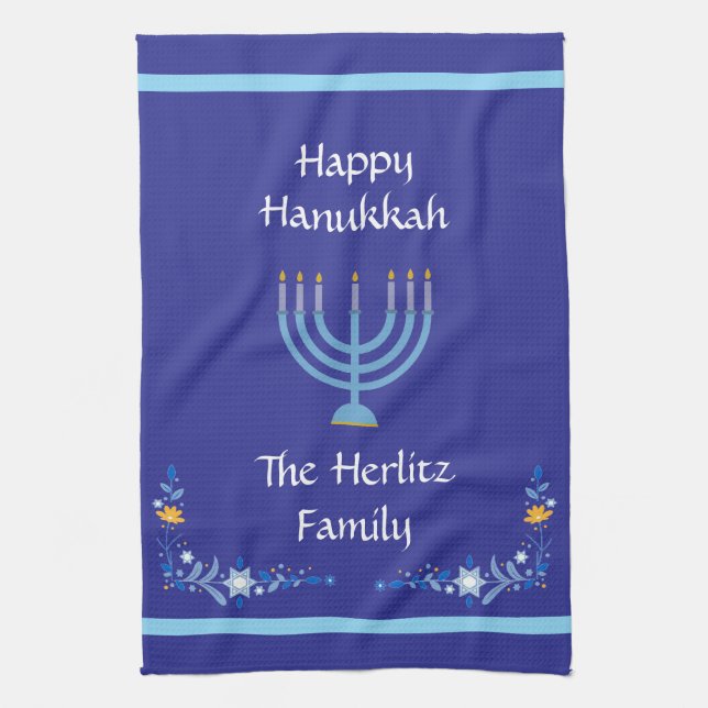 Blue HANUKKAH Menorah Customise NAME Tea Towel (Vertical)