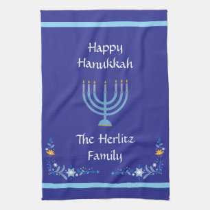 Blue HANUKKAH Menorah Customize NAME Tea Towel
