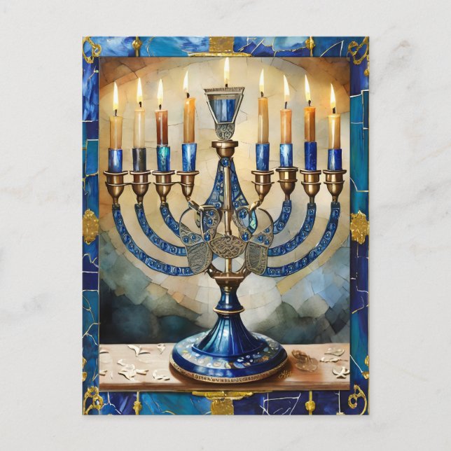Blue Hanukkah Menorah Holiday Postcard (Front)