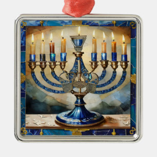 Blue Hanukkah Menorah Metal Tree Decoration