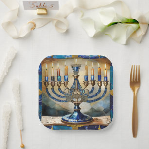 Blue Hanukkah Menorah Paper Plate
