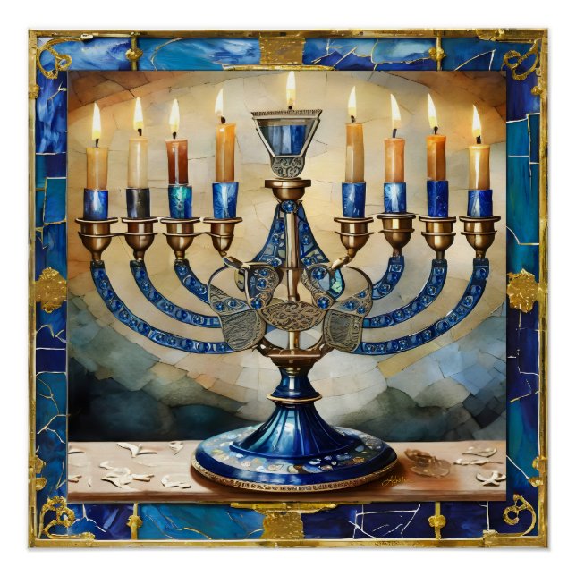 Blue Hanukkah Menorah Poster (Front)