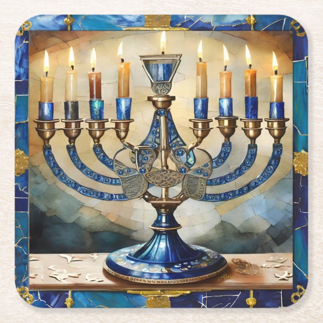 Blue Hanukkah Menorah Square Paper Coaster (Front)