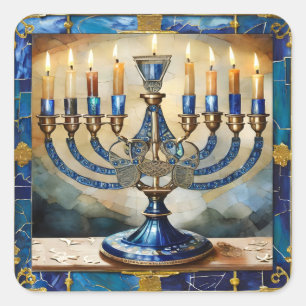 Blue Hanukkah Menorah Square Sticker